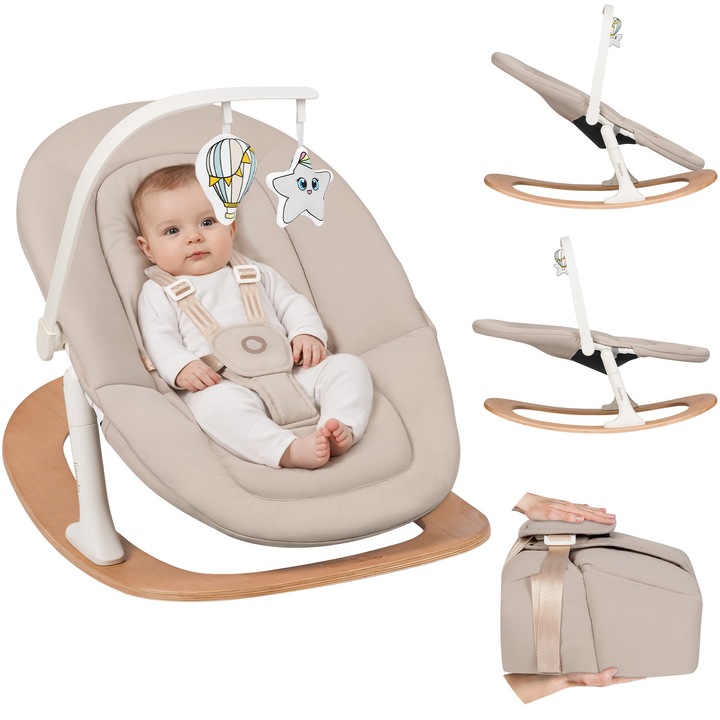 Balansoar, Lionelo, CELIA ROCKER, 4 in 1, Balansoar, scaun inalt pentru copii, scaun inalt pentru copii mai mari si adulti, 2 niveluri de inclinare, spatar reglabil, Centuri de siguranta cu 5 puncte Lemn Natural