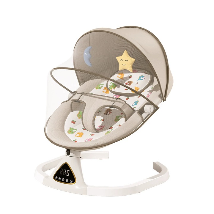 XiOMAX Leagan Electric Multifunctional pentru Bebelusi, Acoperis Rabatabil cu Plasa Protectie Tantari, Conexiune Bluetooth, 5 Trepte Balansoar, Telecomanda, Jucarii si Melodii, Functie EasyTouch