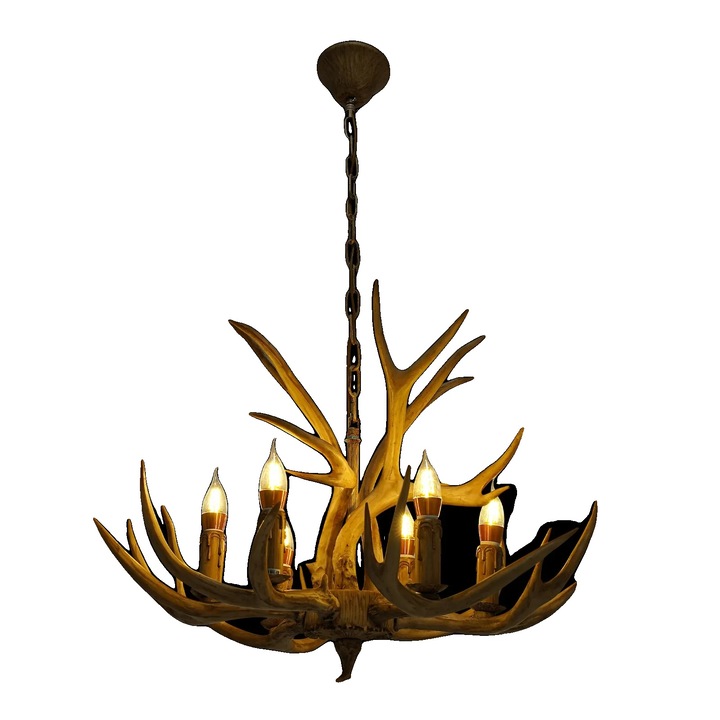 Lustra, inaltime ajustabila 90.5 cm, design cu coarne, 6 becuri LED, iluminare 10-25 m2, maro