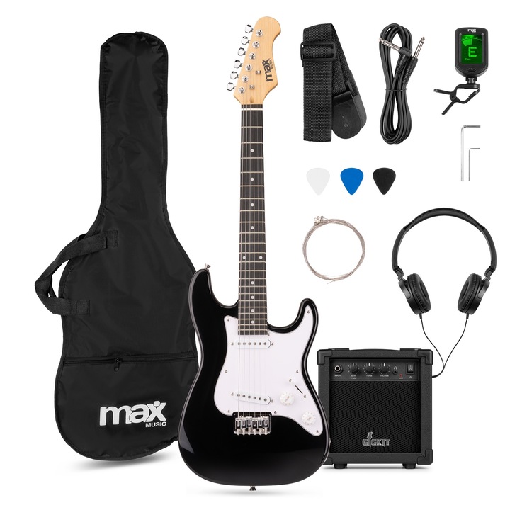 Elektromos gitár szett 3/4 méretű, 20W erősítővel és hordtáskával, fekete, MAX GigKit
