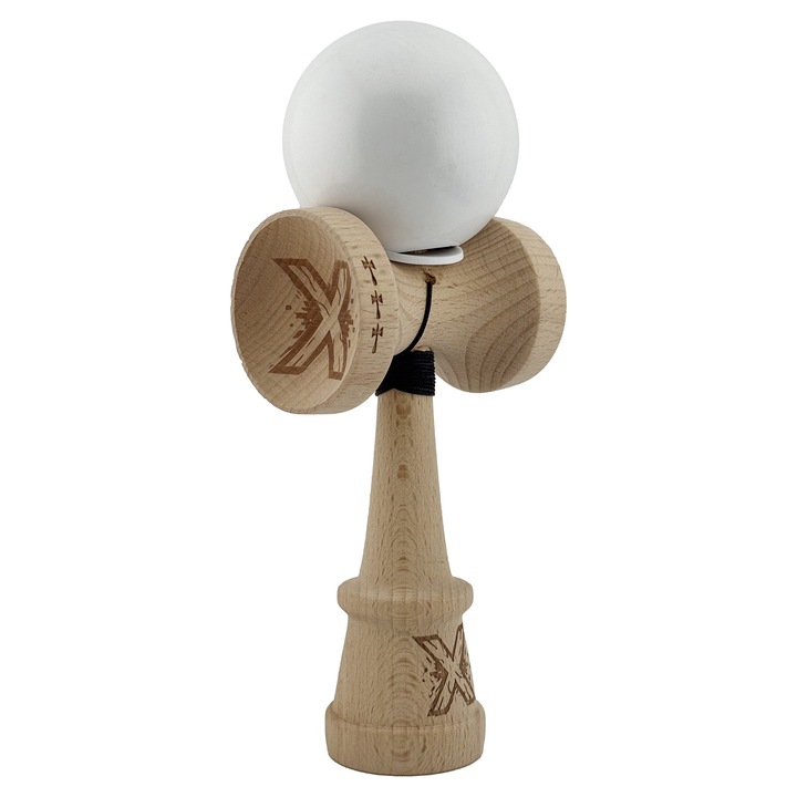 Kendama X Originala, Profesionala, Flippy, Rubber Grip, Cupe Mari KING SIZE V3, Gaura in Baza, Rulment Metalic, din lemn 18 cm, Ata 62/65 cm, Special Alb