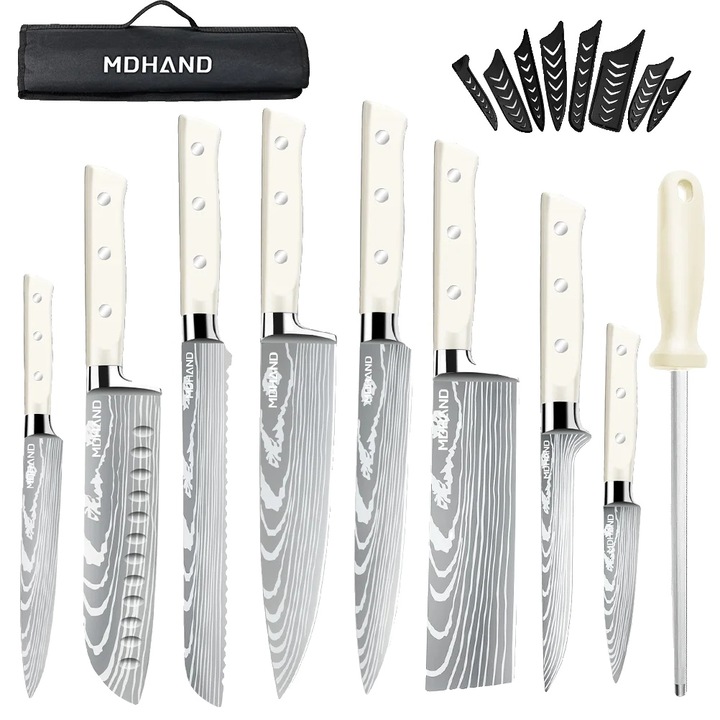 Set de cutite de bucatarie, otel inoxidabil de inalt carbon, maner ergonomic din lemn, alb, 14 inch