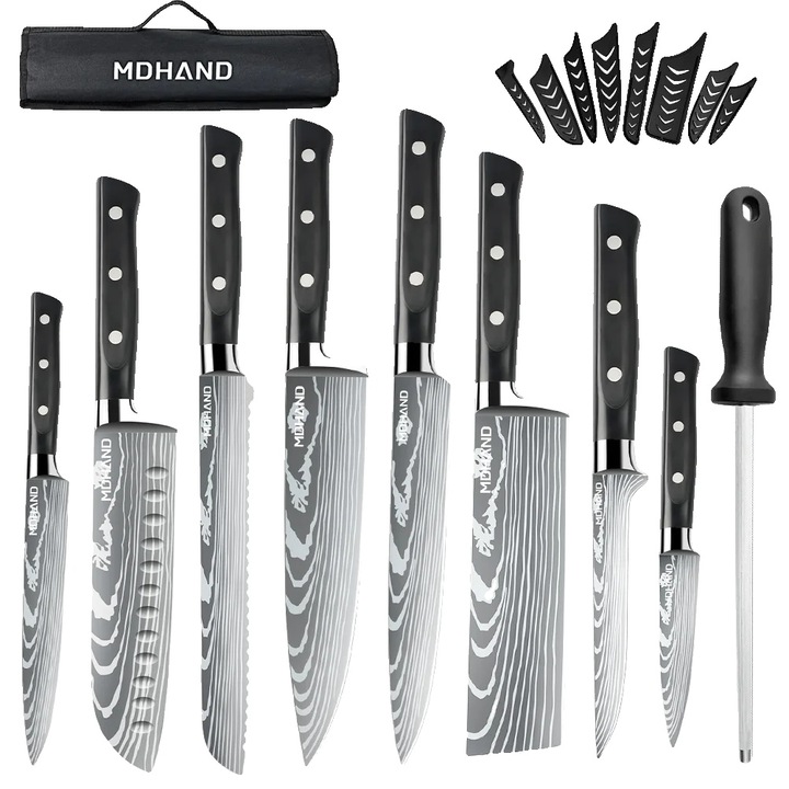 Set de cutite de bucatarie, otel inoxidabil de inalt carbon, maner ergonomic din lemn, negru, 14 inch