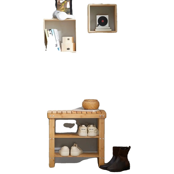 Banca pentru pantofi, constructie din bambus, design multifunctional, khaki inchis, 50x29x46cm
