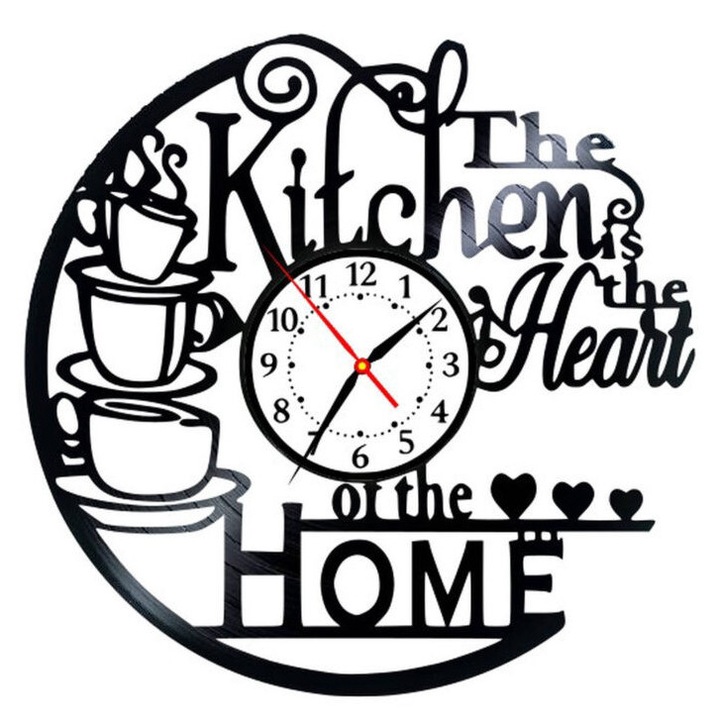 Ceas de Perete-„The Kitchen is the Heart of the Home”, Ceas Handmade din Vinil, Cadou pentru Bucatari si Gurmanzi