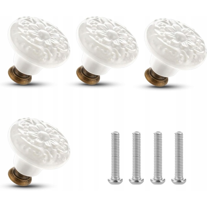 Usi de dulap, set 4 bucati, ceramice, flori albe, 3,4x1,4x3,1cm