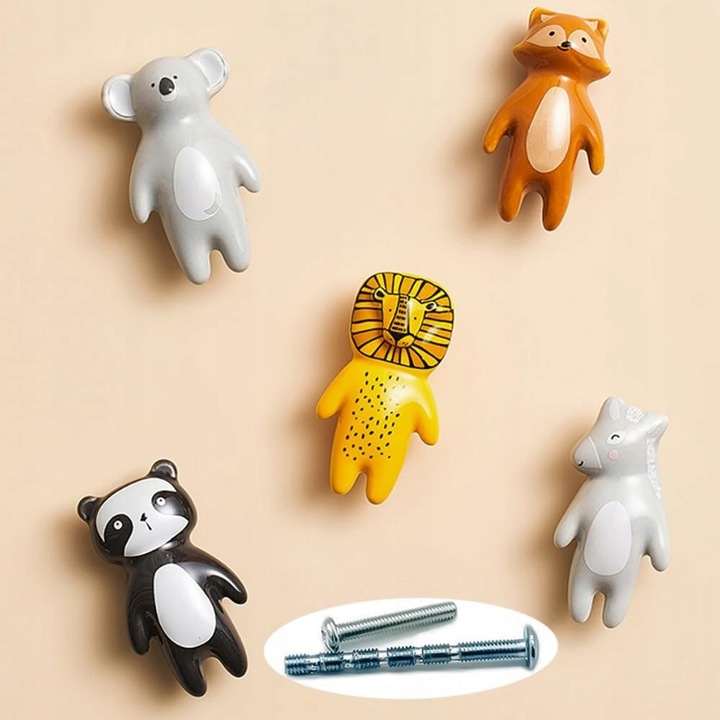 Set 5 butoane ceramice pentru camera copiilor, forme animale, leu, panda, koala, 63x36mm