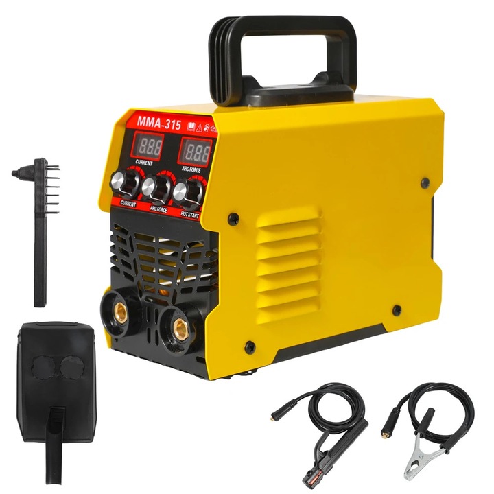 MMA-315 Hegesztőgép, Mini inverteres elektródás hegesztő, 20–315A Állítható áramerősség, Ívhegesztés, Elektródafogóval és maszkkal, EU csatlakozó