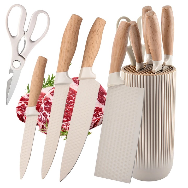 Set de cutite, manere ergonomice, lame din otel inoxidabil, bej, 14.5x10cm