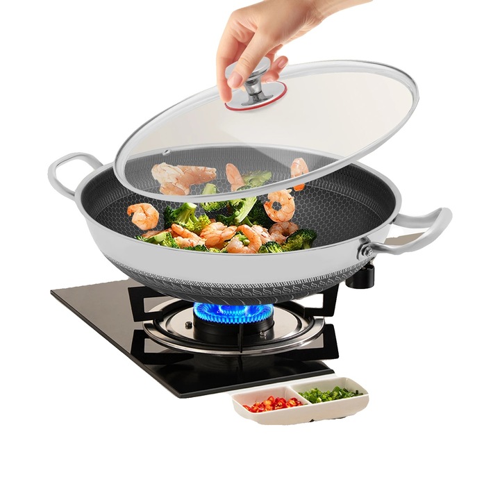 Тиган от неръждаема стомана 410, капак от закалено стъкло, 3-4 души, незалепващо покритие