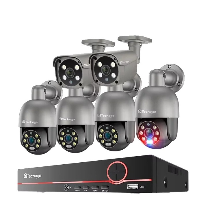 Камера за наблюдение, 5MP, нощно виждане, 8-канален NVR комплект с 6 камери, вграден 1TB HDD