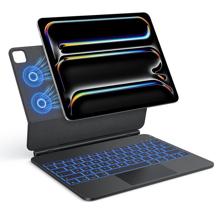 Осветена клавиатура Husa TECURS QWERTZ за iPad Pro 13 инча 2024, 7 цвята, 0,69 кг, 15 мм