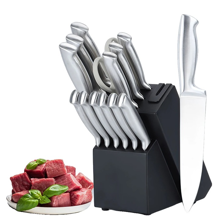 Set de cutite de bucatarie, design ergonomic, negru, cu bloc din lemn