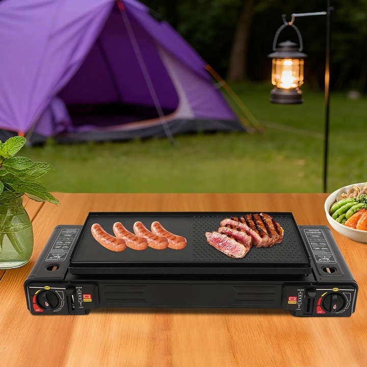 Aragaz pe gaz portabil pentru camping, 2 arzatoare, 2×2500 W, tava de copt, aprindere manuala, certificat CE, pentru exterior si acasa