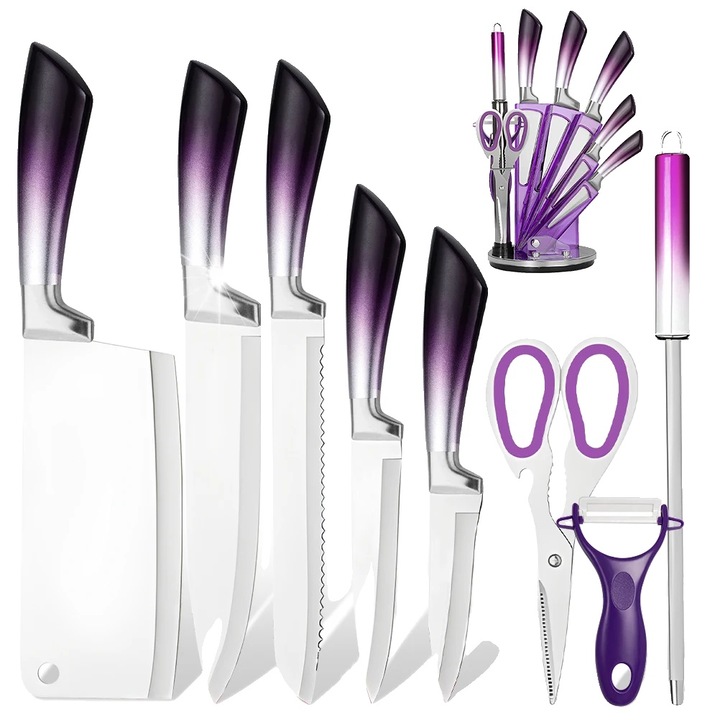 Cutit de bucatarie, lama din otel inoxidabil, maner ergonomic, mov, 18x13.5cm