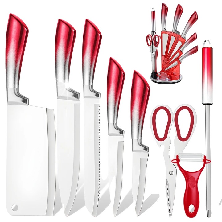 Cutit de bucatarie, lama din otel inoxidabil, maner ergonomic, rosu, 18x13.5cm