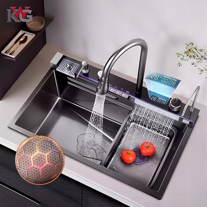 Chiuveta bucatarie din otel inoxidabil, 75x46cm, neagra, cu zagaz telescopic si display LED robinet extensibil Chiveta bucatarie
