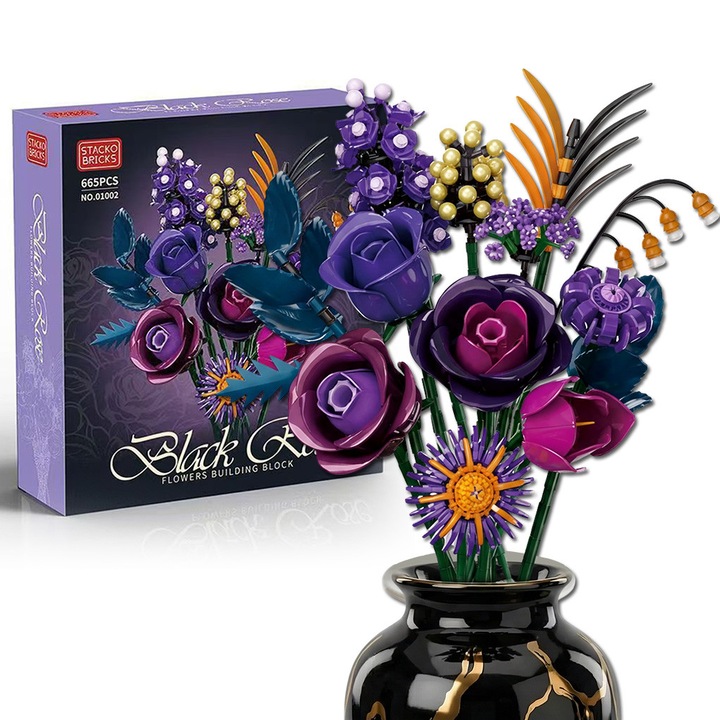 Set de constructie flori, Excitat®, 665PCS, Trandafiri mov, ABS, Cadou pentru Ziua Indragostitilor, 41*29*20cm