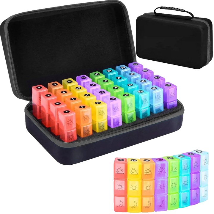 Organizar de pastile, 32 compartimente, design compact, negru