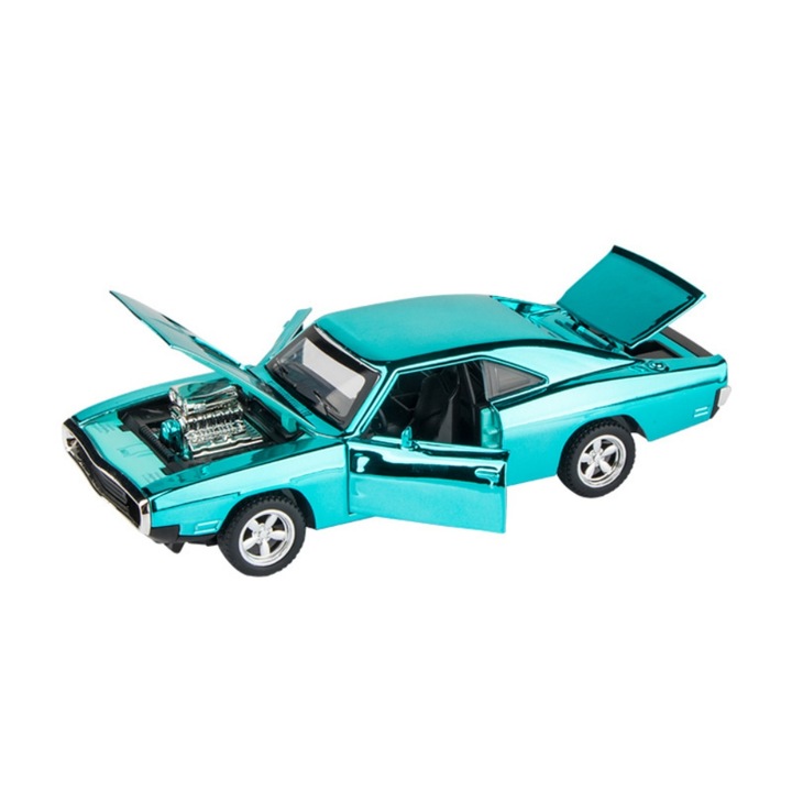 1970 Dodge Charger kisautó, kék, 16.5x5.7x4.4cm, nyitható ajtók, hang és fény