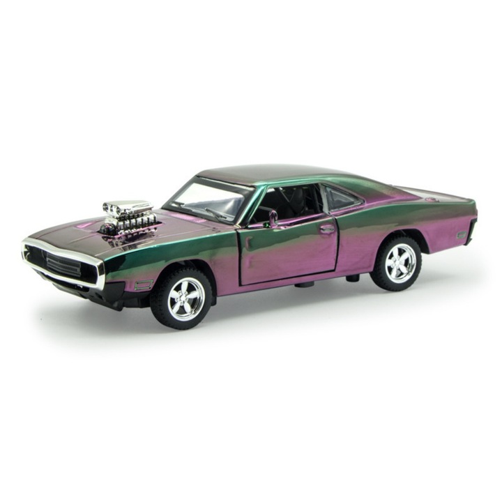 1970-es Dodge Charger kisautó, átmenetes, 16.5x5.7x4.4cm, nyitható ajtók, hang és fény