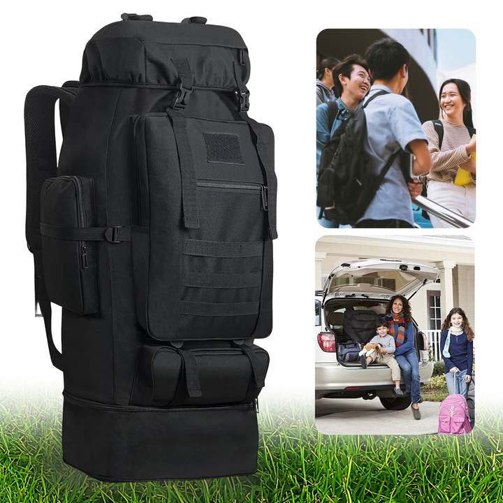 Rucsac Tactic Militar Bedee, 100L, Impermeabil, Spatios, Impermeabil, pentru Drumetii pe Munte, Rucsac drumetie, Rucsac munte, Rucsac tactic, Ghiozdan militar, Uz Zilnic, Negru