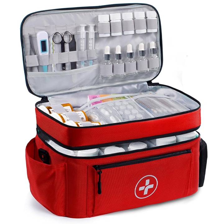 Trusa Prim Ajutor, Omelivon, Strat Dublu, Curea de Umar Detasabila, Design Spatial Independent cu Mai Multe Straturi, Rezistent la Apa si Umiditate, Depozitare Mare de Medicamente, 38*21*17.8CM, Rosu/Negru