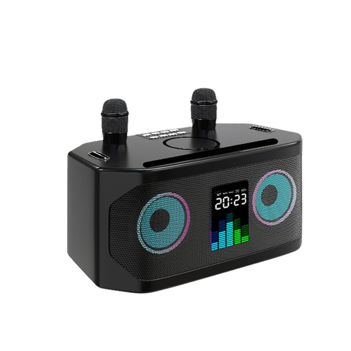 Преносима караоке тонколона WJ-A920 40W, 2 безжични микрофона, Bluetooth 5.3, батерия 3000mAh, безжично зареждане 15W за телефон, 5 гласови ефекта, RGB осветление, презрамка за рамо и дръжка, за домашни и външни партита