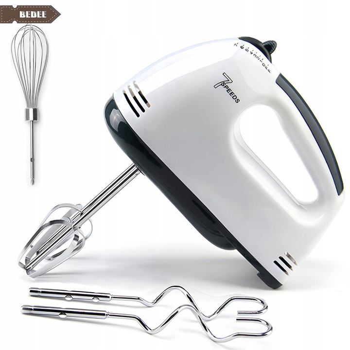 Ръчен миксер, Bedee, Ръчен миксер със 7 регулируеми скорости, 260W, електрическа бъркалка с 5 аксесоара от неръждаема стомана, самоконтрол на скоростта + бутон за изваждане, бъркалка за торти и яйца, Бял/Сив