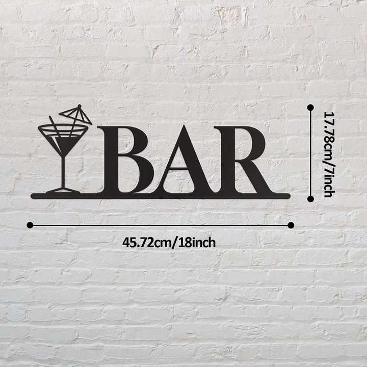 Arta de perete metalica "BAR" cu pahar Martini, CIFBUY, 45.72x17.78cm, neagra