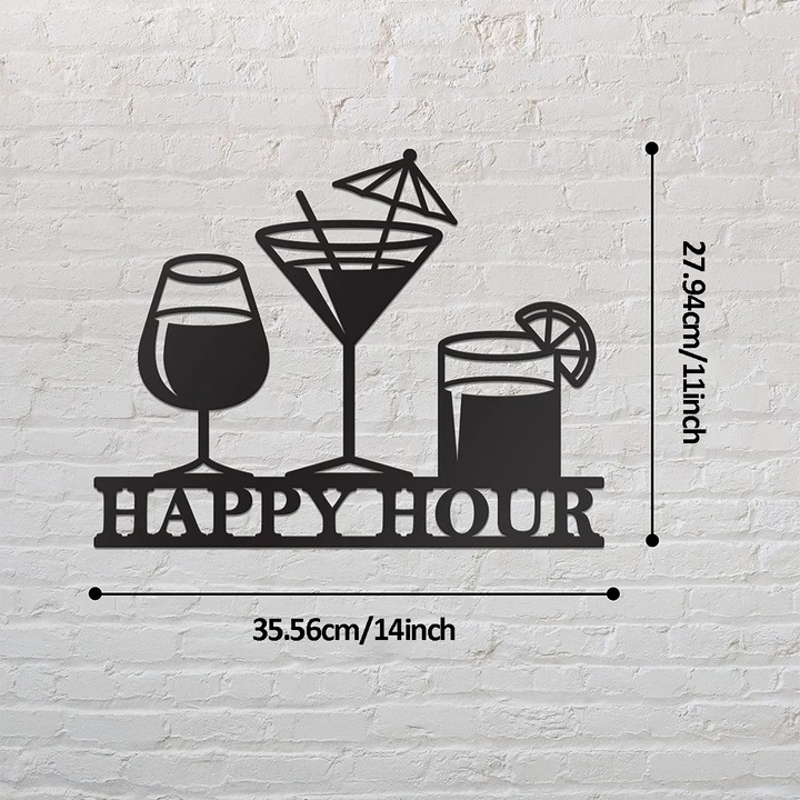Arta de perete metalica "Happy Hour" cu pahare de cocktail, CIFBUY, 35.56x27.94cm, neagra