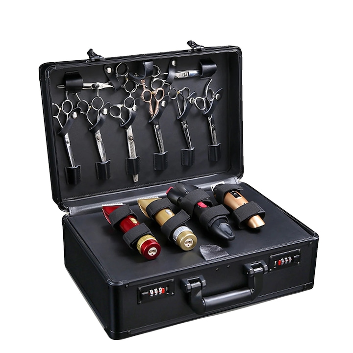 Trusa pentru unelte de frizerie, design portabil, utilizare profesionala, negru