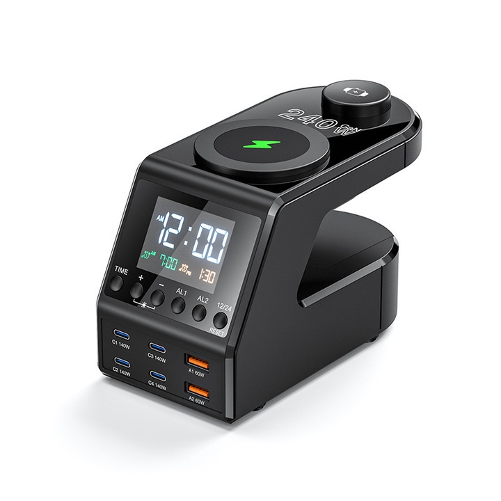 Ceas decorativ, afisaj LED, putere mare de 240W, suporta incarcare wireless pentru telefoane mobile si ceasuri, distributie inteligenta a curentului, reglare a luminozitatii, protectie de siguranta, 75x98x115mm, negru