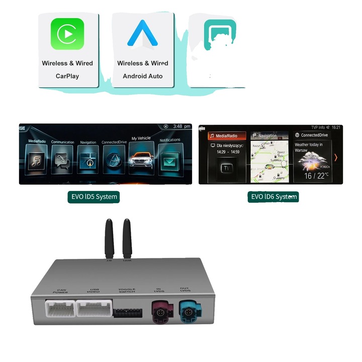 Sistem EVO, Accesorii electronice auto, Wireless CarPlay, suport Android Mirror Link, multicolor