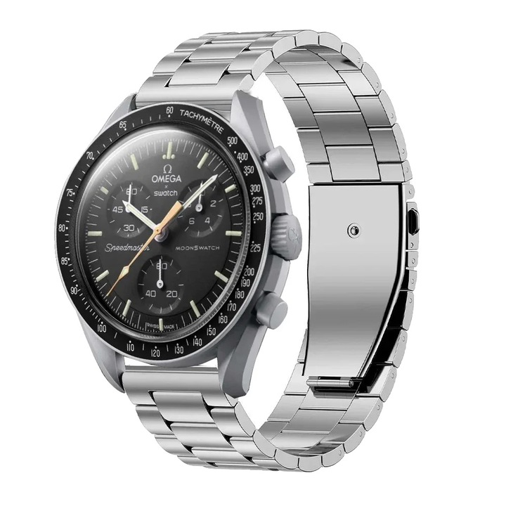 Каишка за часовник, неръждаема стомана, сгъваема закопчалка, сребриста, за MoonSwatch