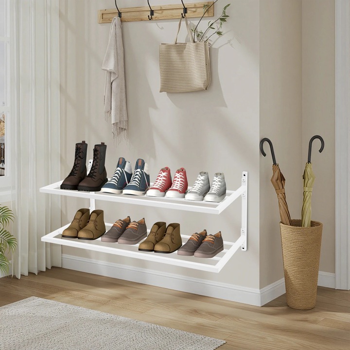 Fali cipősszekrény, 2 szintes, fehér, 70x33x31cm