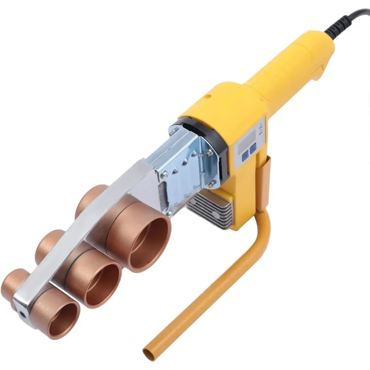 Műanyag csőhegesztő gép, Tokos hegesztőgép 20–63 mm, 850W 220V, Digitális kijelző, Állítható hőmérséklet 0–380°C, PPR PE PP csövekhez, Sárga