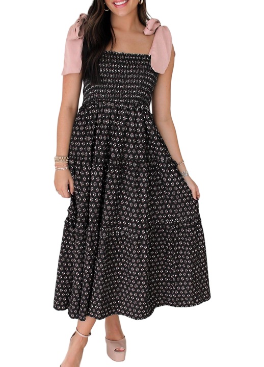 Rochie Maxi, Florala de Vara pentru Femei, cu Umplutura la Umar cu Cordon（10203）, Negru