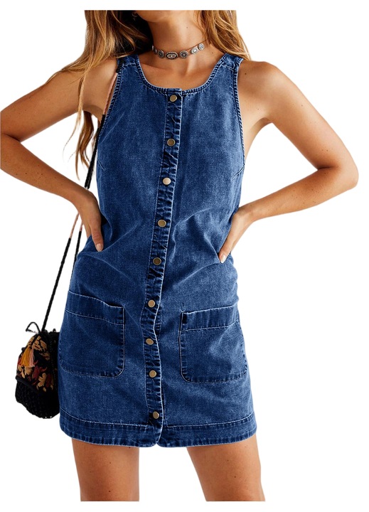 Rochie din denim, casual fara maneca pentru femei, cu butoane（10208）, Albastru inchis