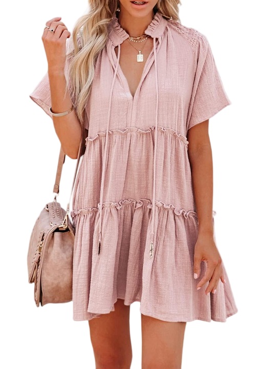 Рокля с връзки, V-образно деколте, многоетажни волани, къси ръкави (10211), Светлорозов