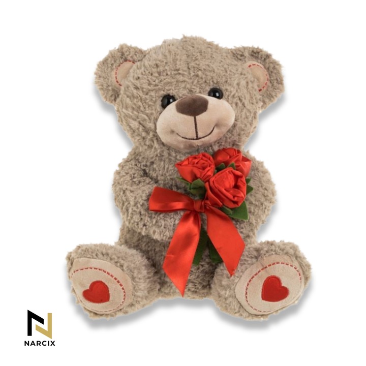 Ursulet de plus NARCIX®, Urs cu Buchet Trandafiri Rosii si Funda, Catifelat, 30 cm, Maro Deschis