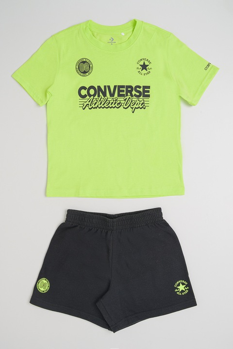 Converse, Set de tricou si pantaloni scurti din amestec de bumbac - 2 piese, Negru/Verde lime