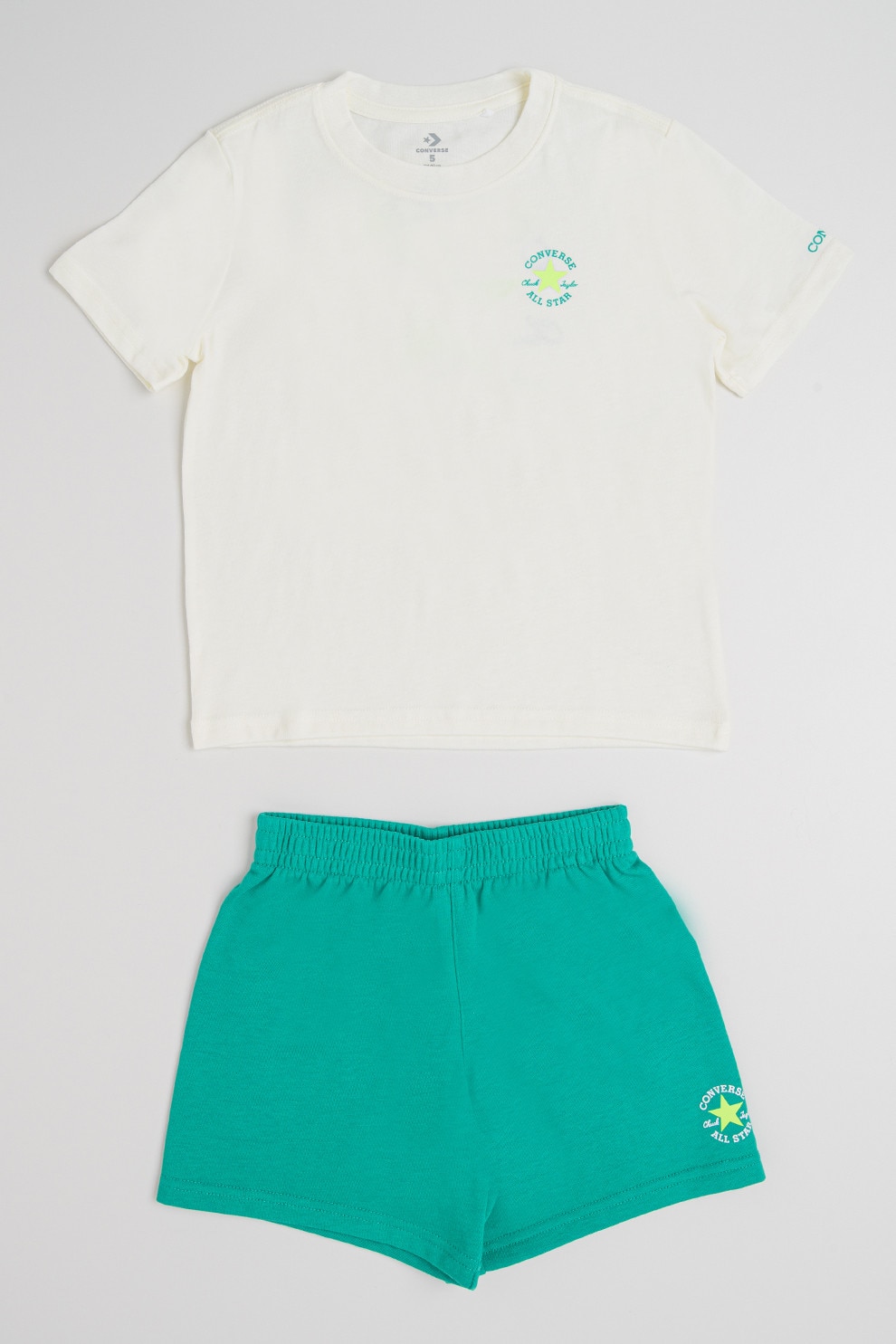 Converse, Set de tricou si pantaloni scurti din amestec de bumbac - 2 piese, Verde, Crem, 110-116 CM