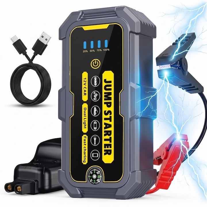 Starter Auto Portabil iBLU smart™, Starter Baterie Auto 500A-1000A, Baterie 6000mAh/22200 mWh, Functie Power Bank, Lanterna LED 4 Moduri, Busola, Pentru Motoare 12V, Benzina 6.0L/Diesel 3.0L, Protectie Anti-Scantei, USB-C, Gri/Galben
