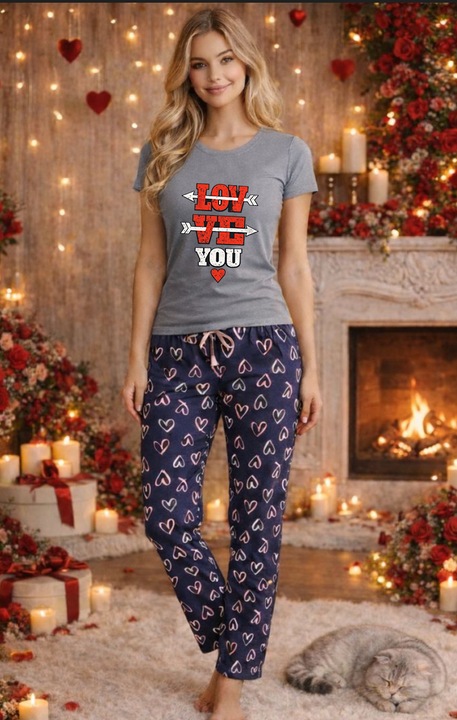 Női pamut pizsama szett, Valentin-nap, Dragobete kollekció 102004, Szürke