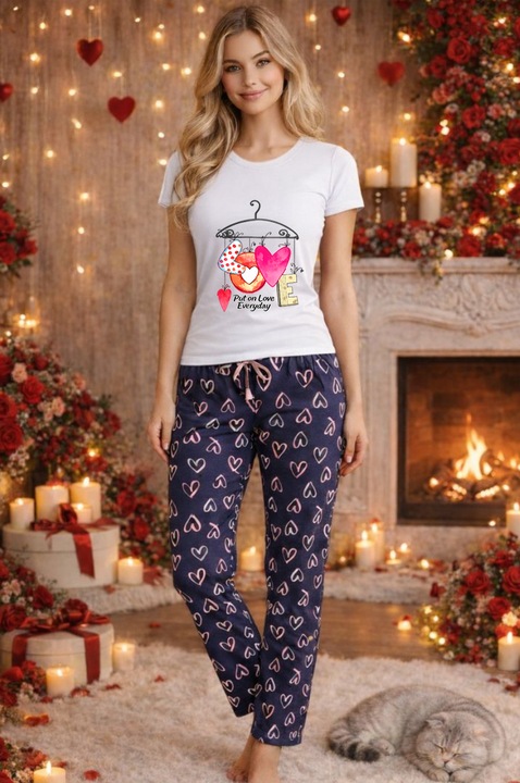 Női pamut pizsama szett Valentin-nap, Dragobete kollekció 102015, Fehér