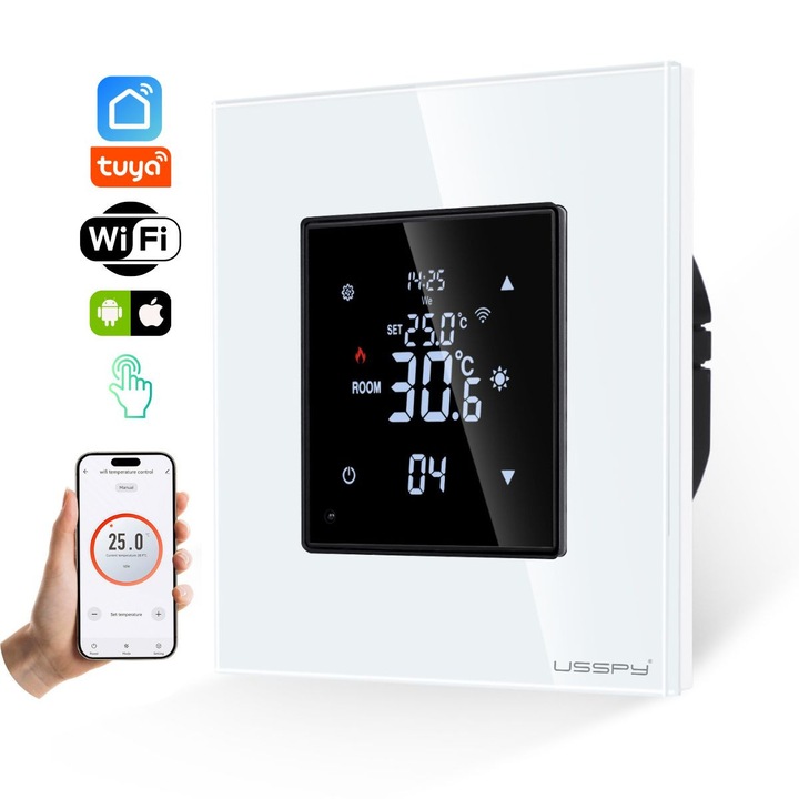 Termostat cu fir USSPY®, rama sticla, control touch, smart home, Wifi, controlabil din aplicatia Tuya, Smart Life, alb