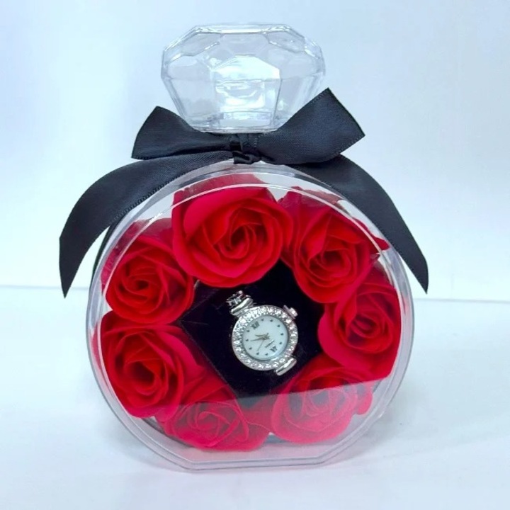 Романтичен подаръчен комплект с изкуствени червени рози и часовник, прозрачна кутия