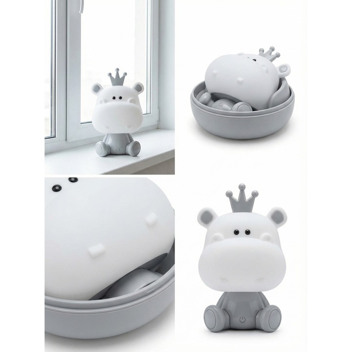 Lampa de veghe Hipopotam, 3 niveluri de lumina, alb-gri, 23cm