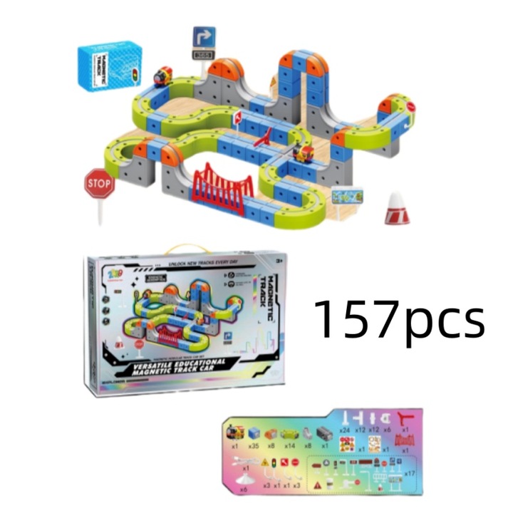 Set pistă cu mașinuță magnetică Lime Fofen, 157 piese, multicolor, potrivită pentru 3-12 ani, dezvoltă coordonarea mână-ochi
